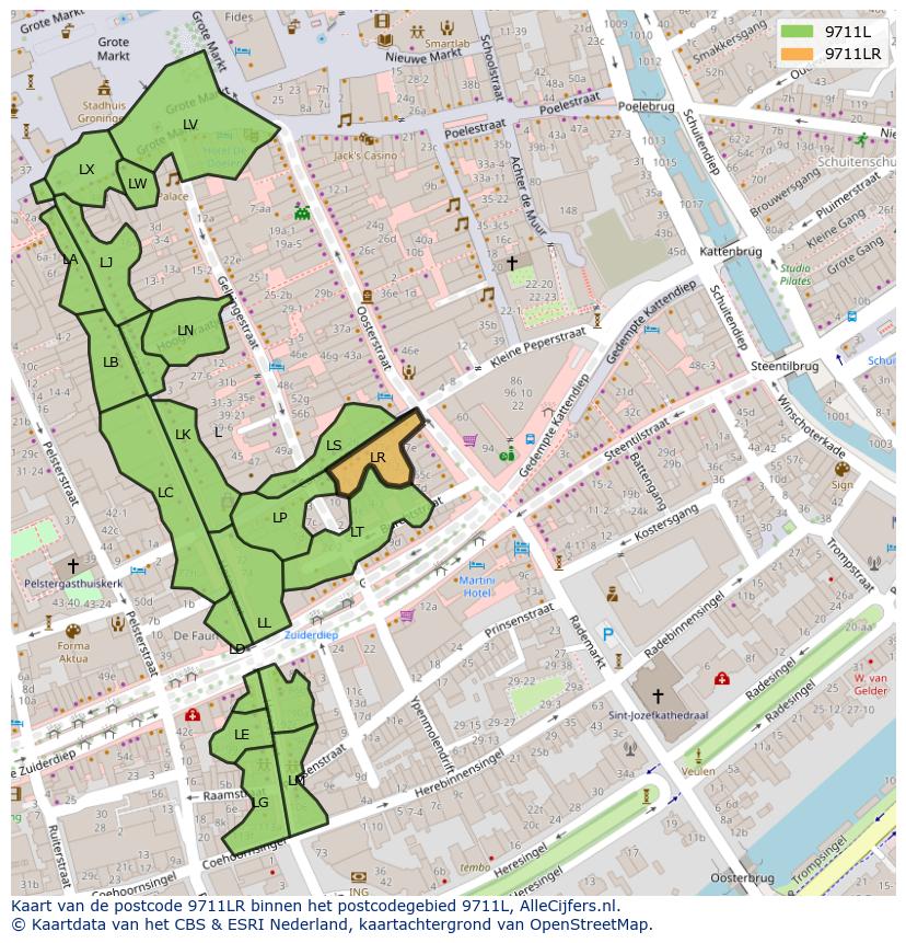 Afbeelding van het postcodegebied 9711 LR op de kaart.