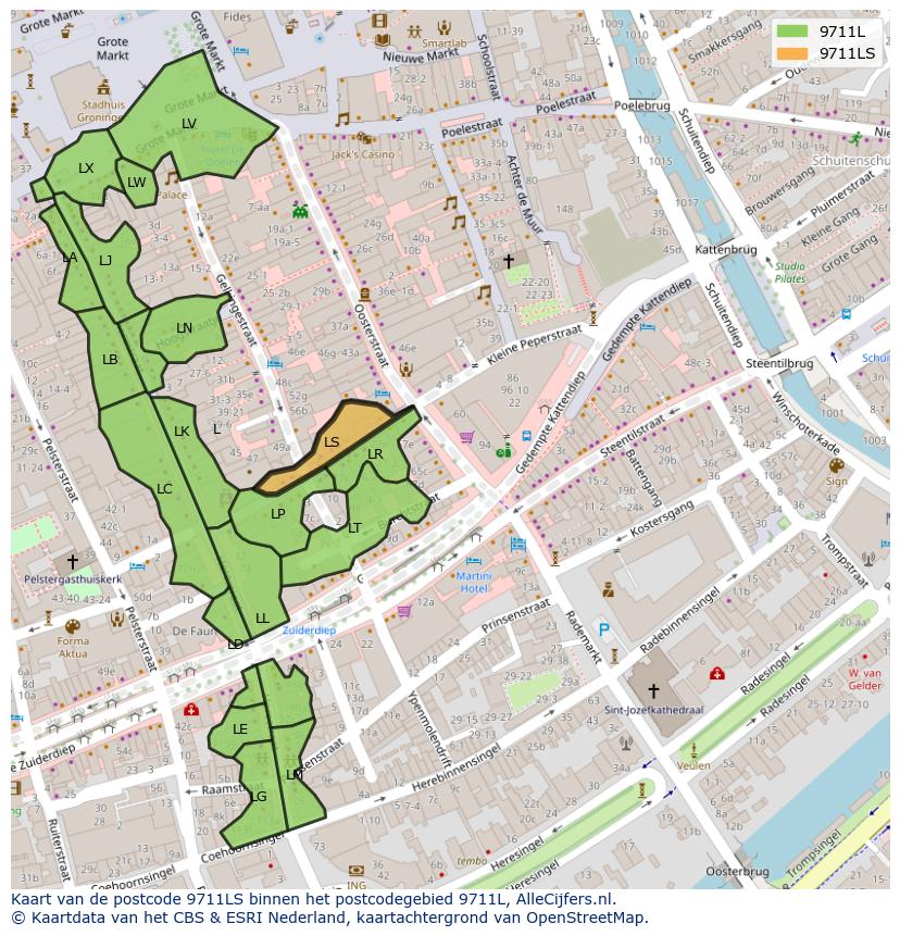 Afbeelding van het postcodegebied 9711 LS op de kaart.