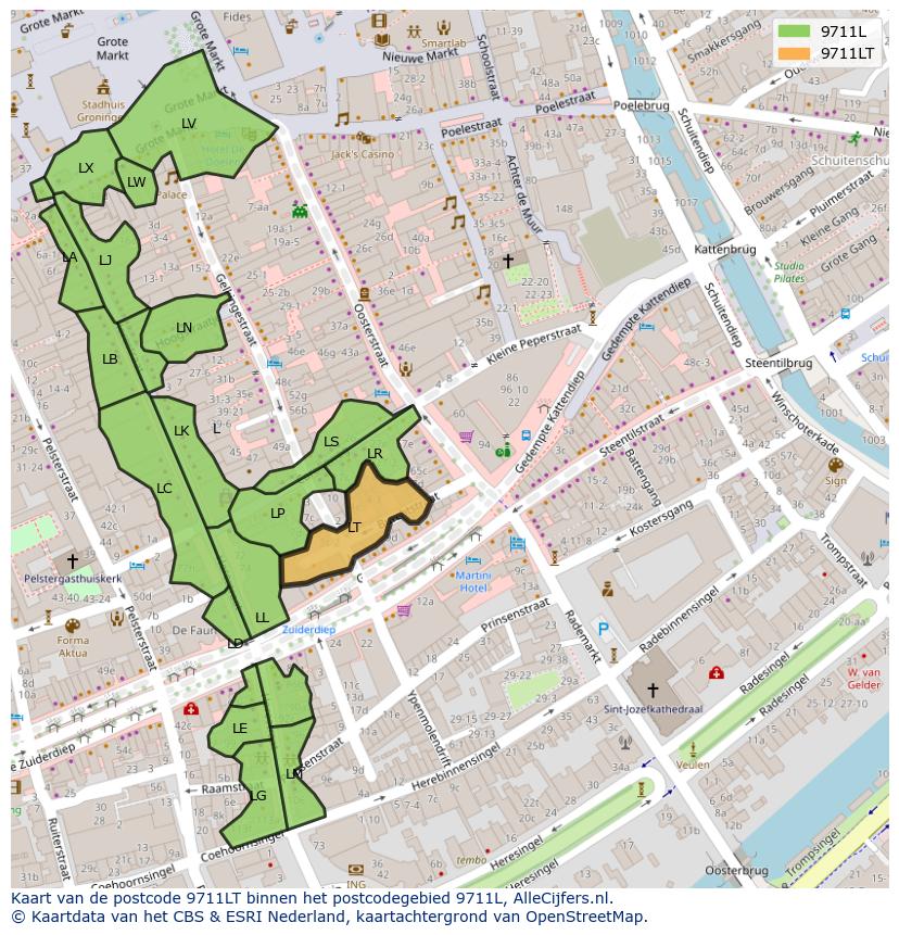 Afbeelding van het postcodegebied 9711 LT op de kaart.