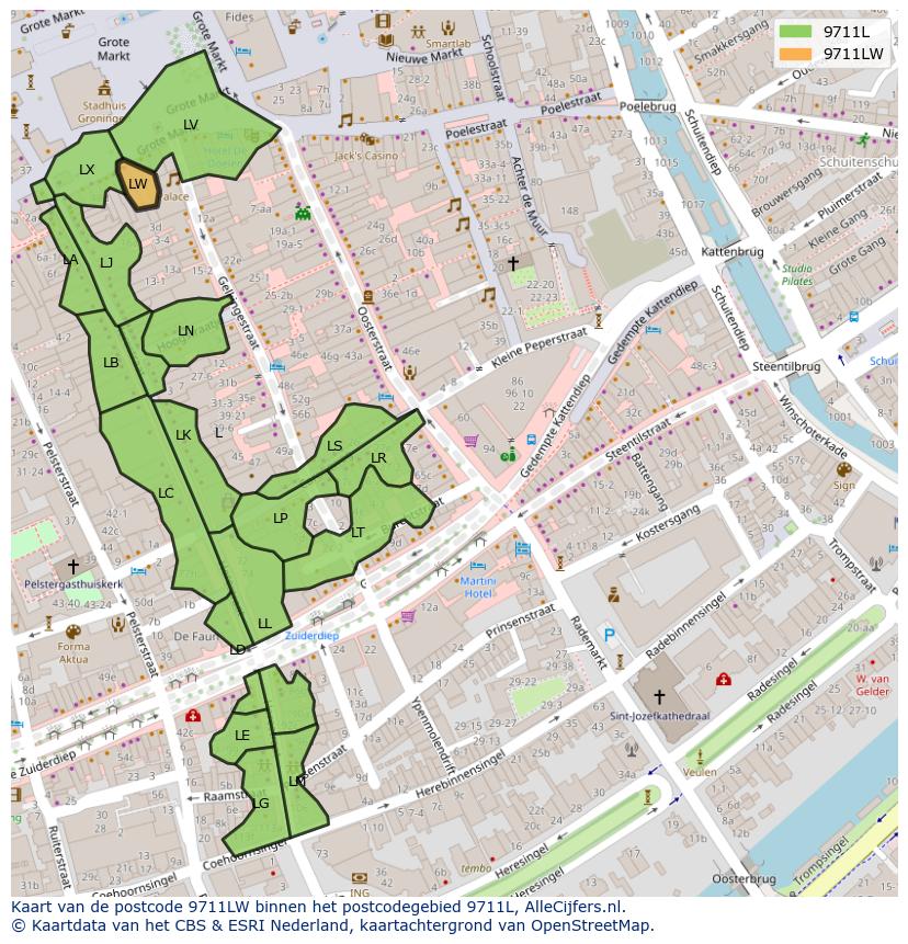 Afbeelding van het postcodegebied 9711 LW op de kaart.