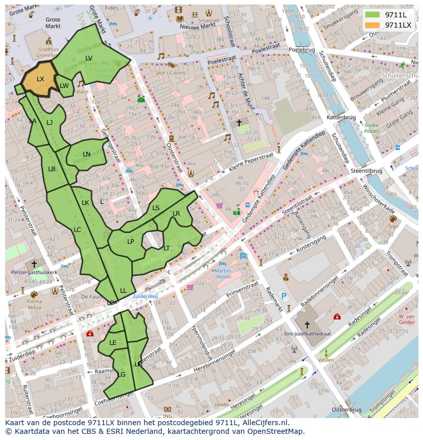 Afbeelding van het postcodegebied 9711 LX op de kaart.