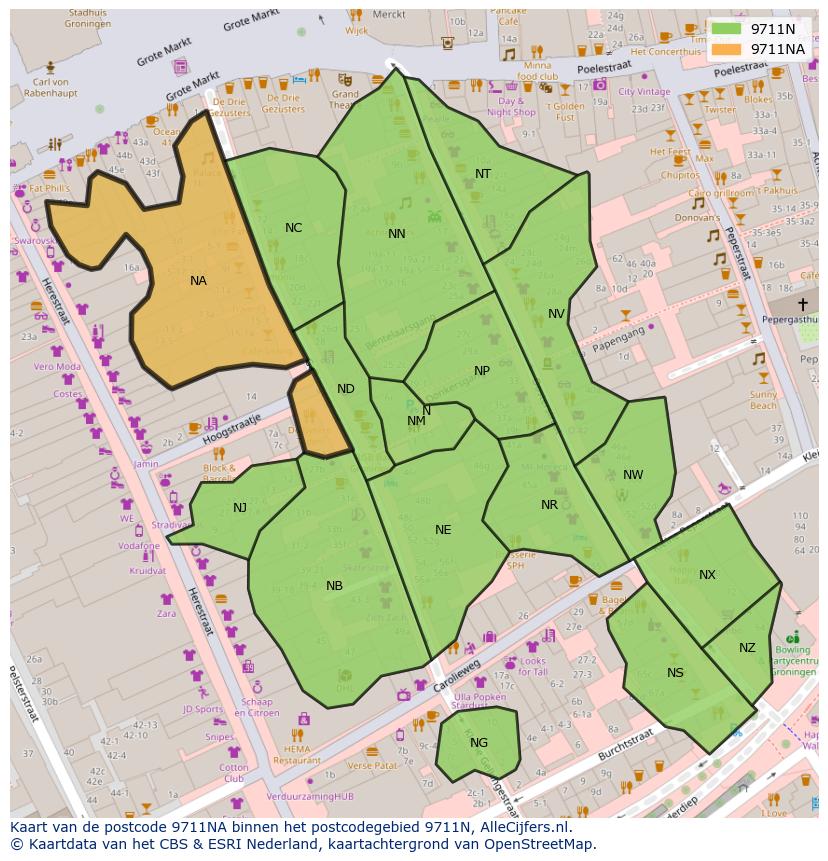 Afbeelding van het postcodegebied 9711 NA op de kaart.