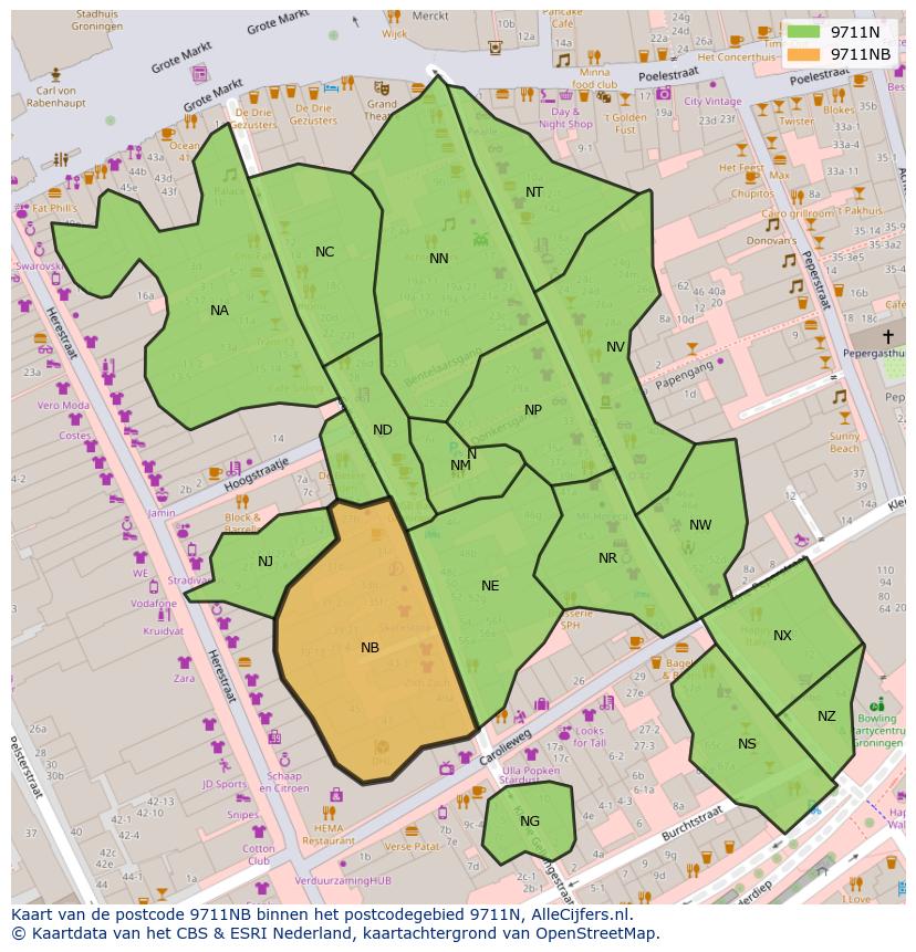 Afbeelding van het postcodegebied 9711 NB op de kaart.