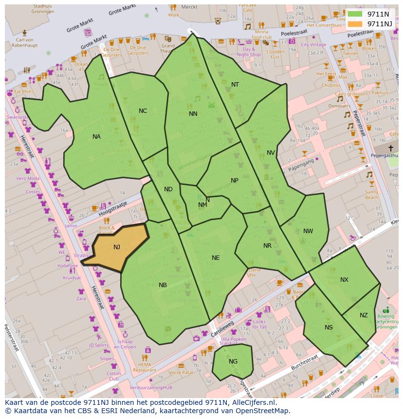 Afbeelding van het postcodegebied 9711 NJ op de kaart.