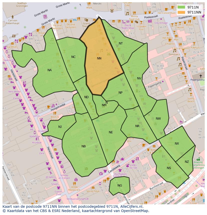 Afbeelding van het postcodegebied 9711 NN op de kaart.
