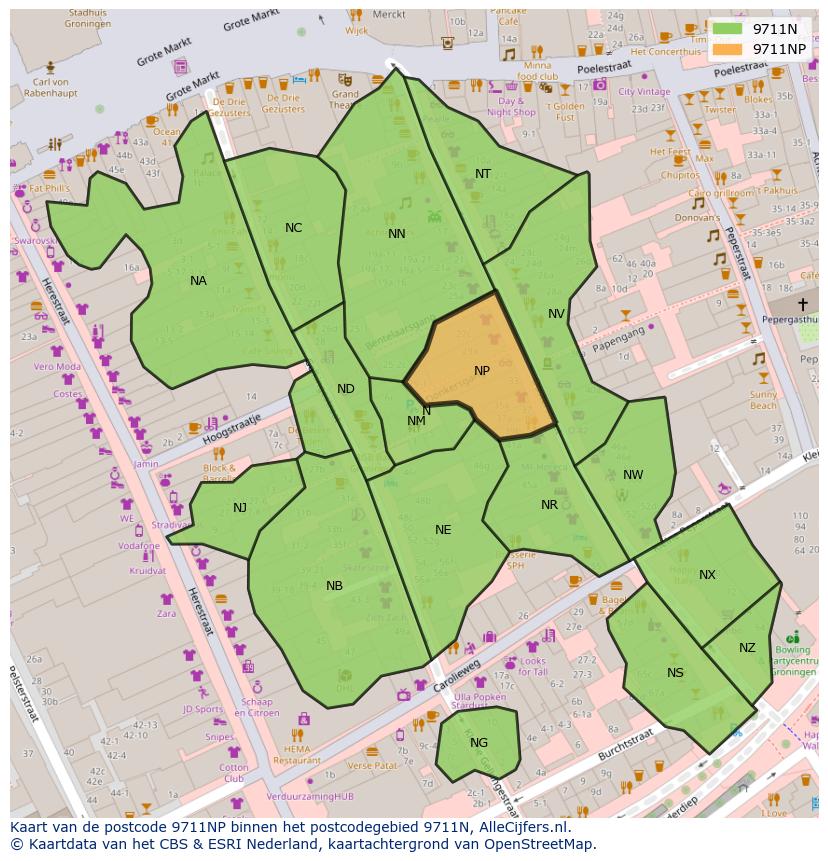 Afbeelding van het postcodegebied 9711 NP op de kaart.