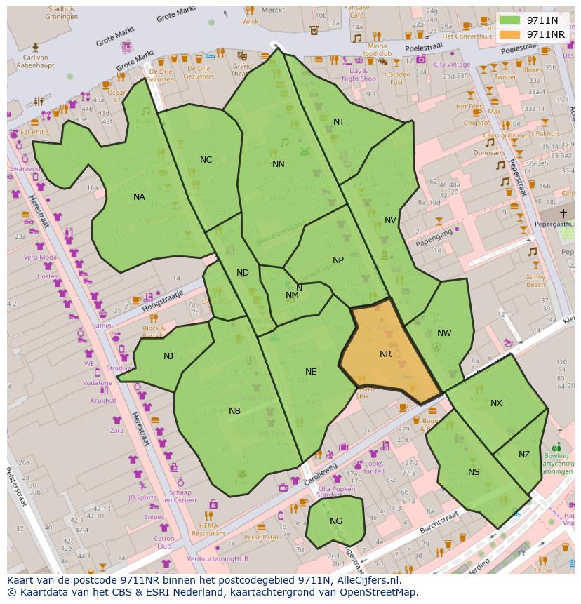 Afbeelding van het postcodegebied 9711 NR op de kaart.
