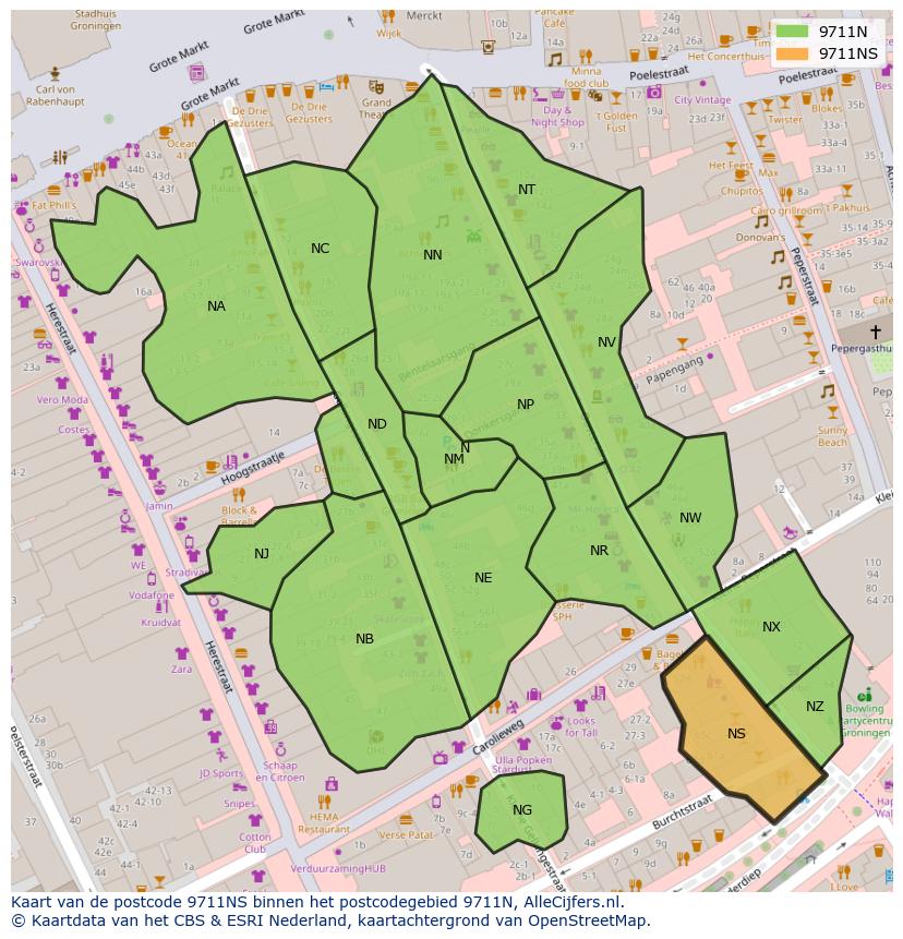 Afbeelding van het postcodegebied 9711 NS op de kaart.