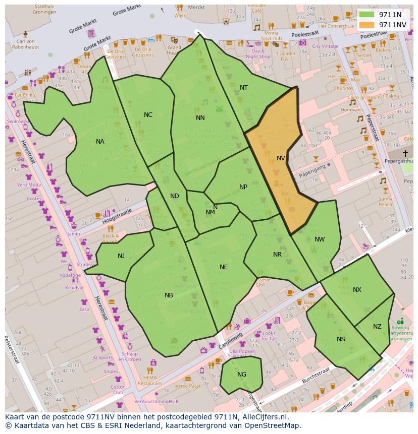 Afbeelding van het postcodegebied 9711 NV op de kaart.