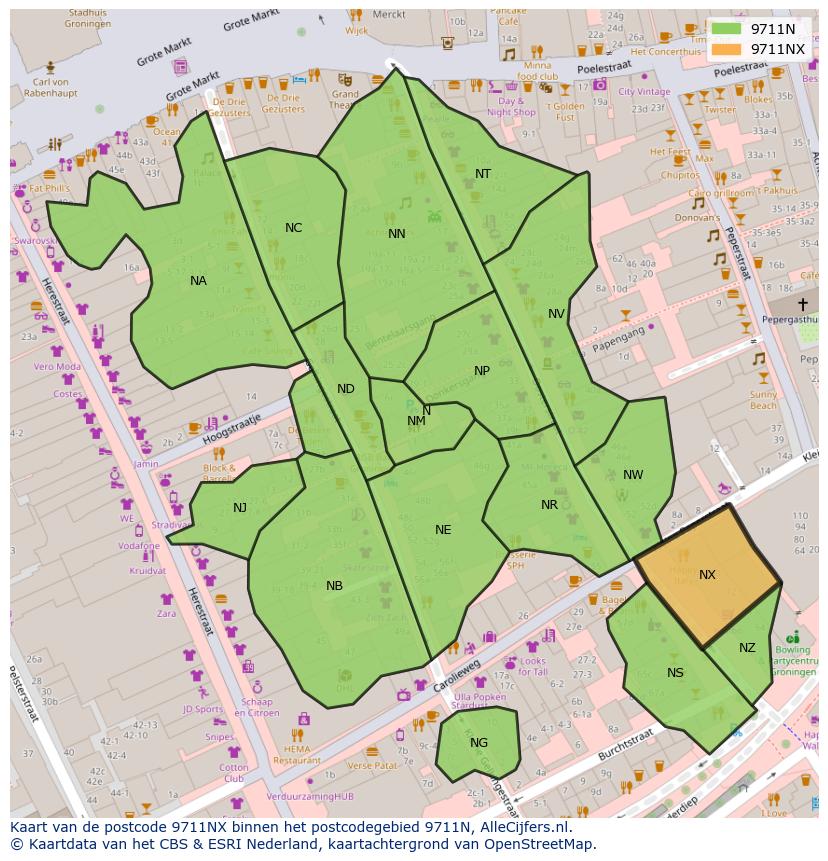 Afbeelding van het postcodegebied 9711 NX op de kaart.