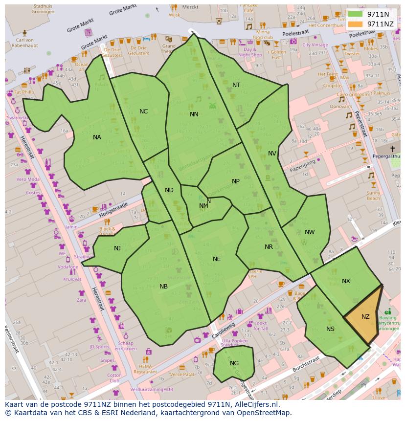 Afbeelding van het postcodegebied 9711 NZ op de kaart.