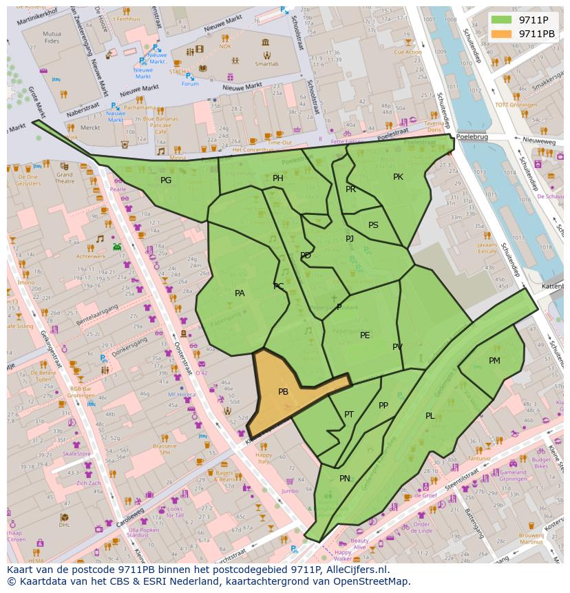 Afbeelding van het postcodegebied 9711 PB op de kaart.