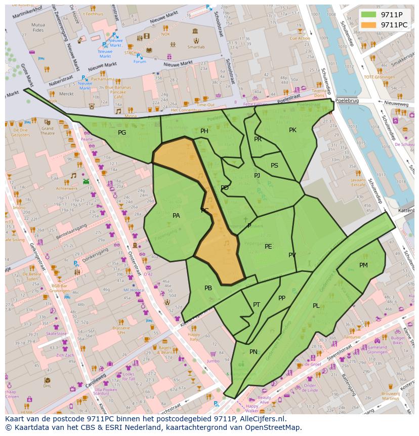 Afbeelding van het postcodegebied 9711 PC op de kaart.