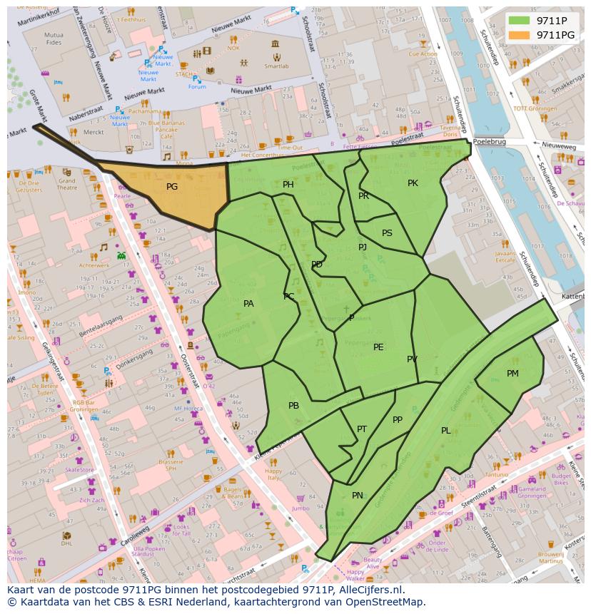 Afbeelding van het postcodegebied 9711 PG op de kaart.