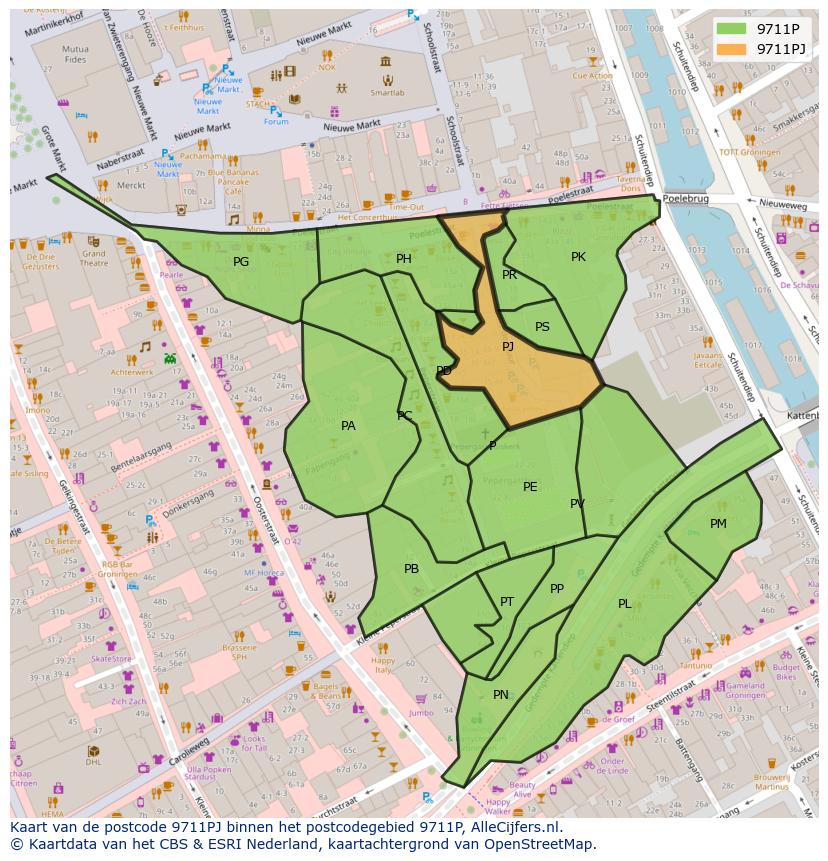 Afbeelding van het postcodegebied 9711 PJ op de kaart.