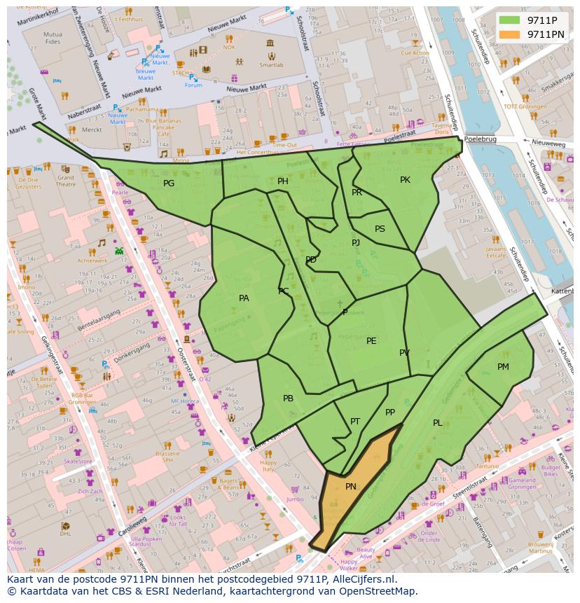 Afbeelding van het postcodegebied 9711 PN op de kaart.