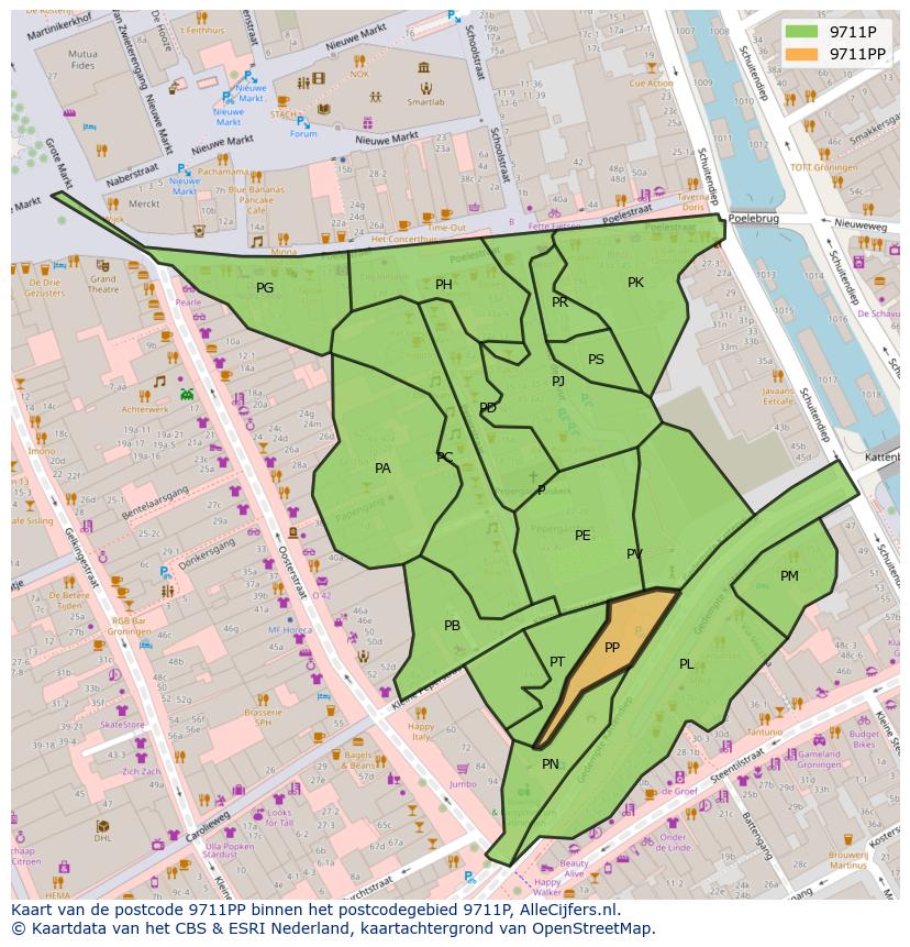 Afbeelding van het postcodegebied 9711 PP op de kaart.
