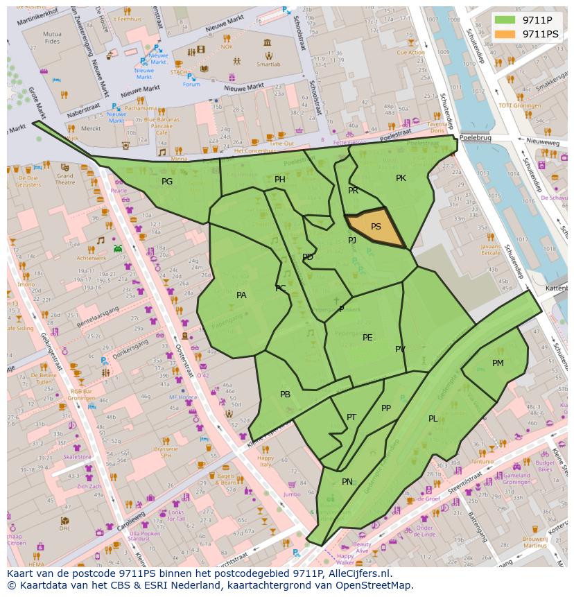 Afbeelding van het postcodegebied 9711 PS op de kaart.