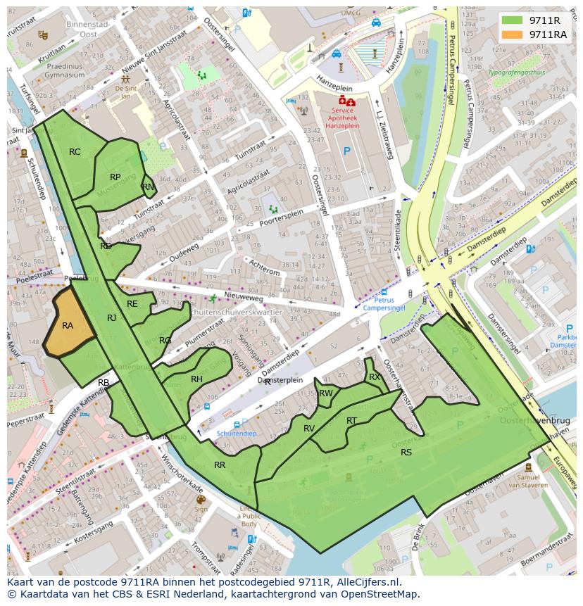 Afbeelding van het postcodegebied 9711 RA op de kaart.