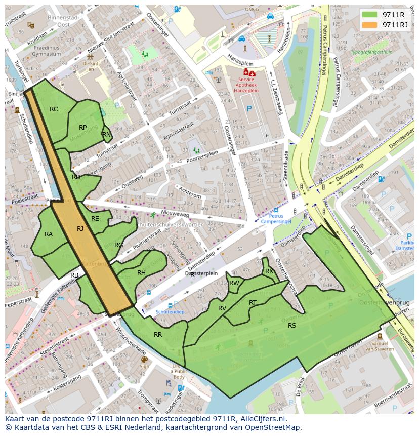 Afbeelding van het postcodegebied 9711 RJ op de kaart.