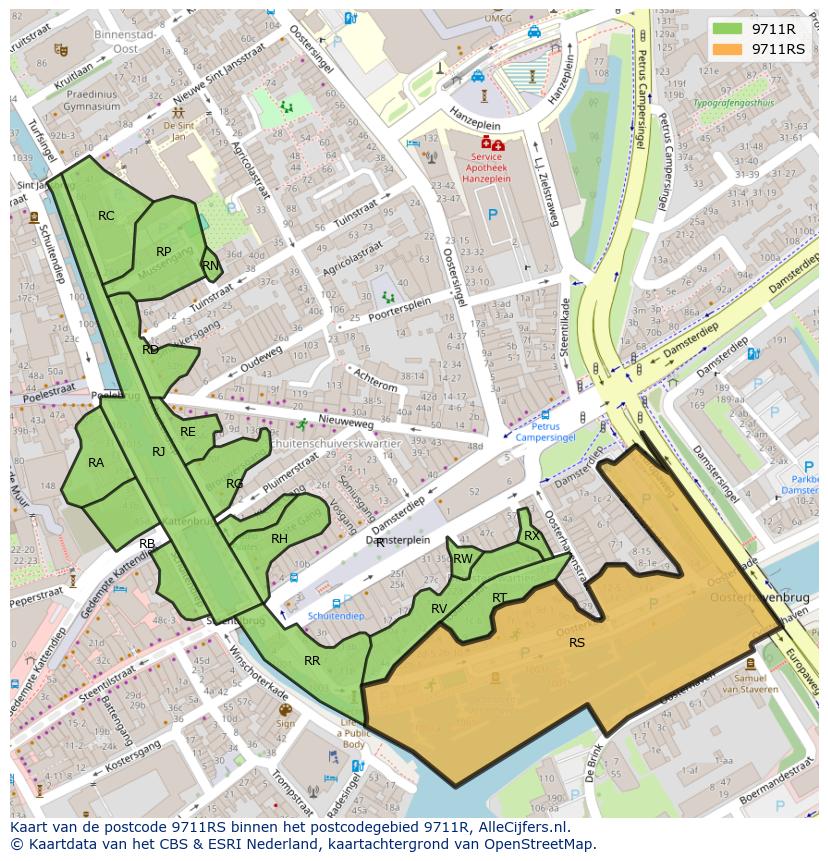 Afbeelding van het postcodegebied 9711 RS op de kaart.
