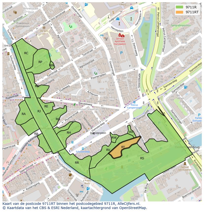 Afbeelding van het postcodegebied 9711 RT op de kaart.