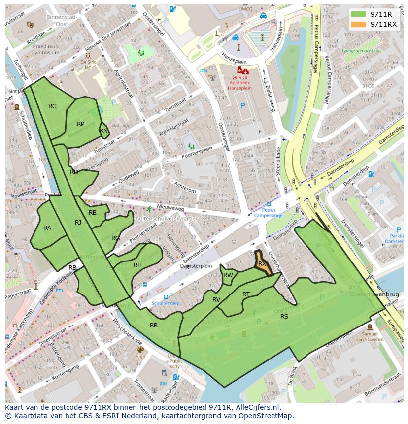 Afbeelding van het postcodegebied 9711 RX op de kaart.