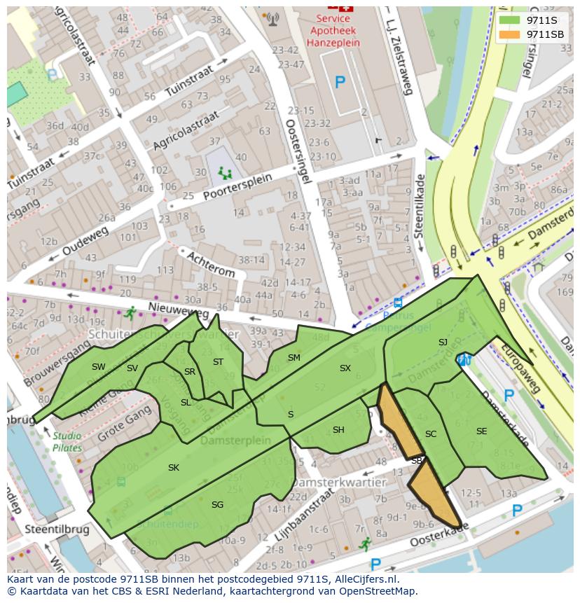 Afbeelding van het postcodegebied 9711 SB op de kaart.