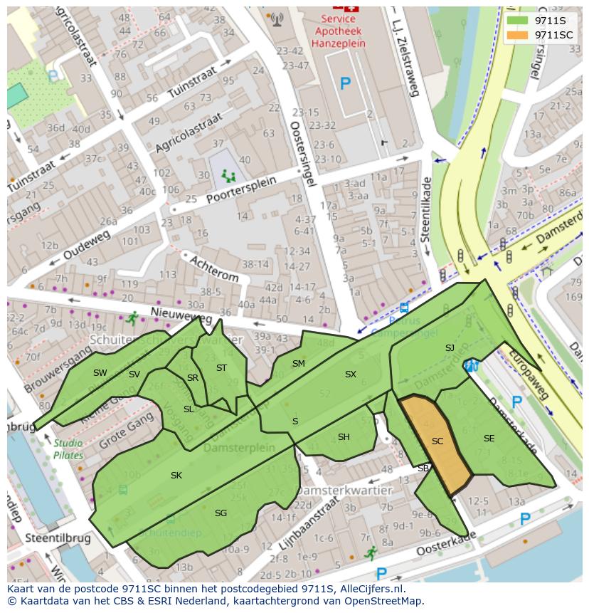 Afbeelding van het postcodegebied 9711 SC op de kaart.