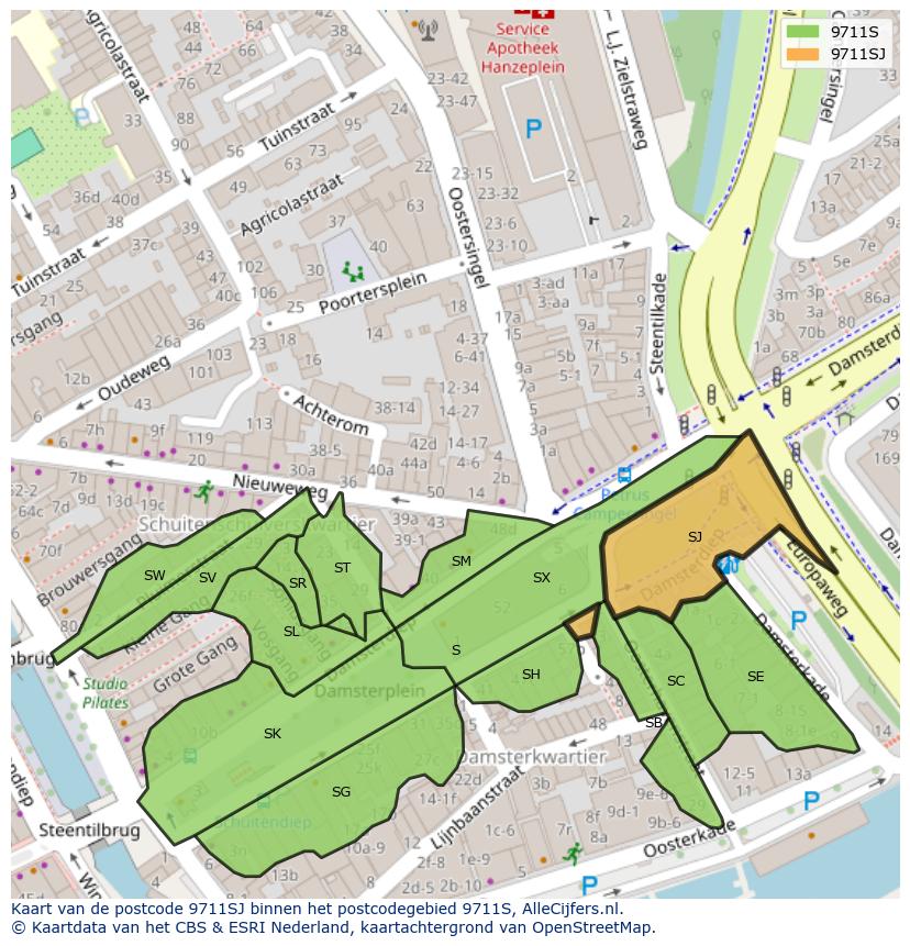 Afbeelding van het postcodegebied 9711 SJ op de kaart.