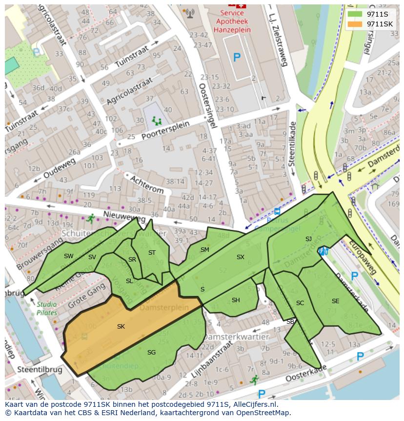 Afbeelding van het postcodegebied 9711 SK op de kaart.