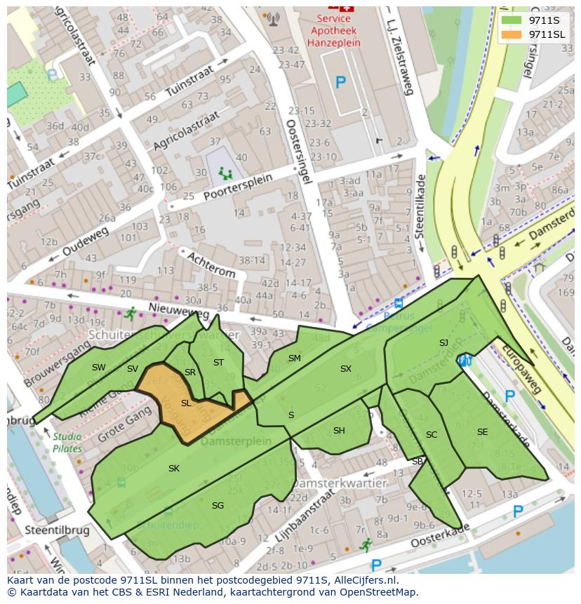 Afbeelding van het postcodegebied 9711 SL op de kaart.