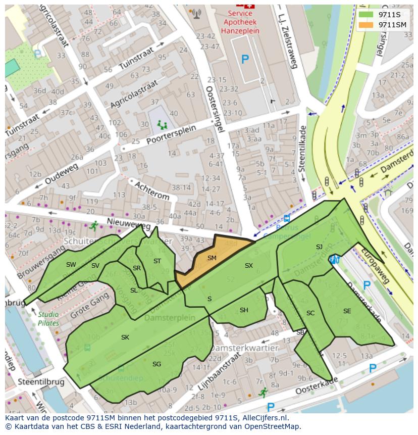 Afbeelding van het postcodegebied 9711 SM op de kaart.