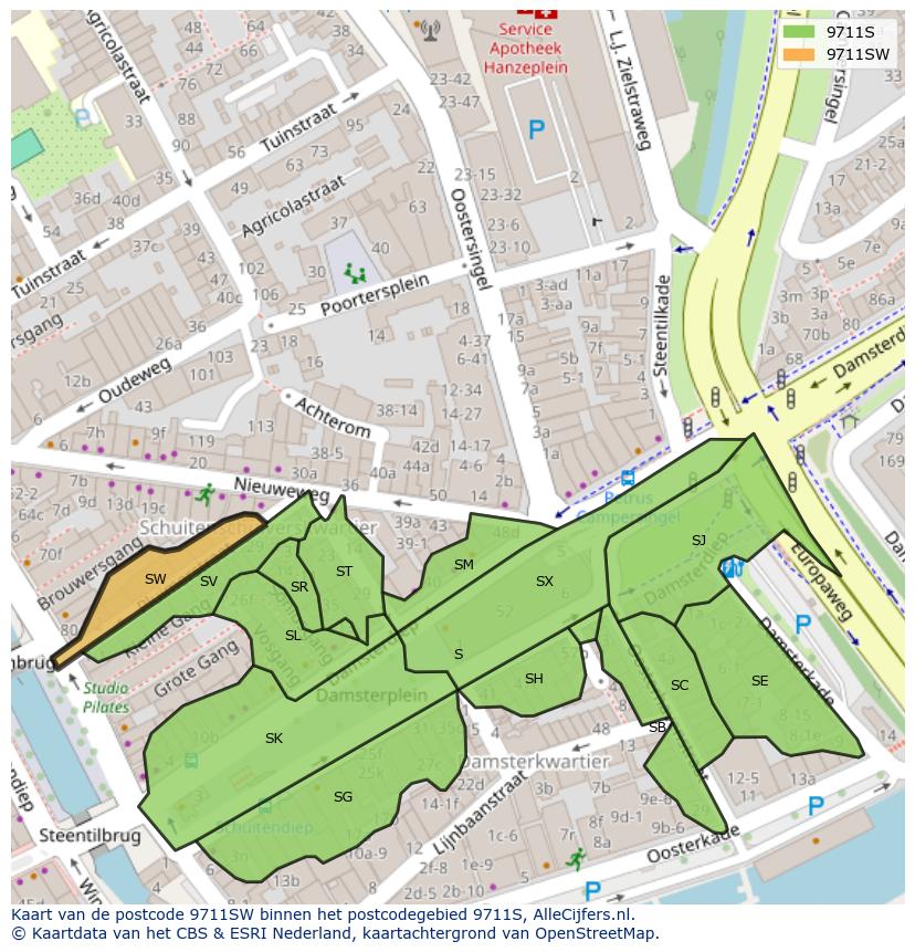 Afbeelding van het postcodegebied 9711 SW op de kaart.
