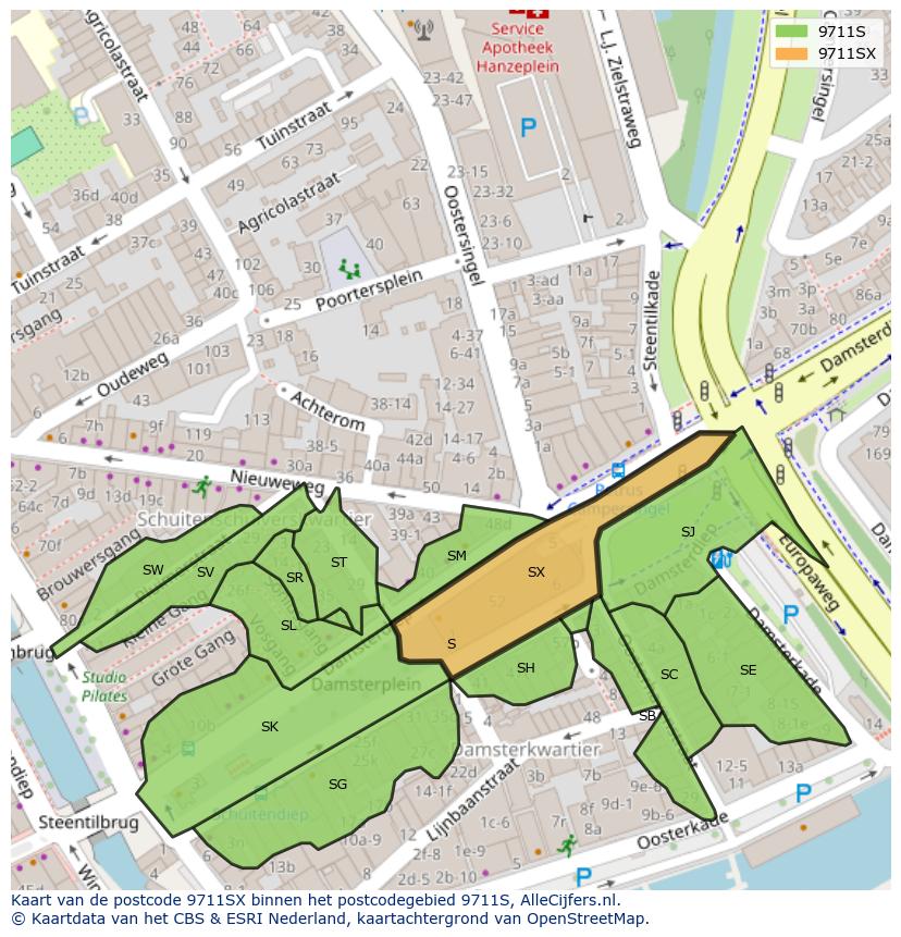 Afbeelding van het postcodegebied 9711 SX op de kaart.