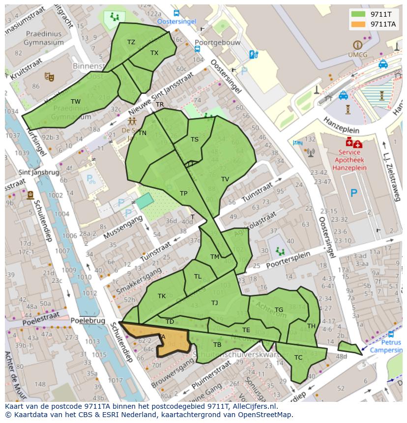 Afbeelding van het postcodegebied 9711 TA op de kaart.