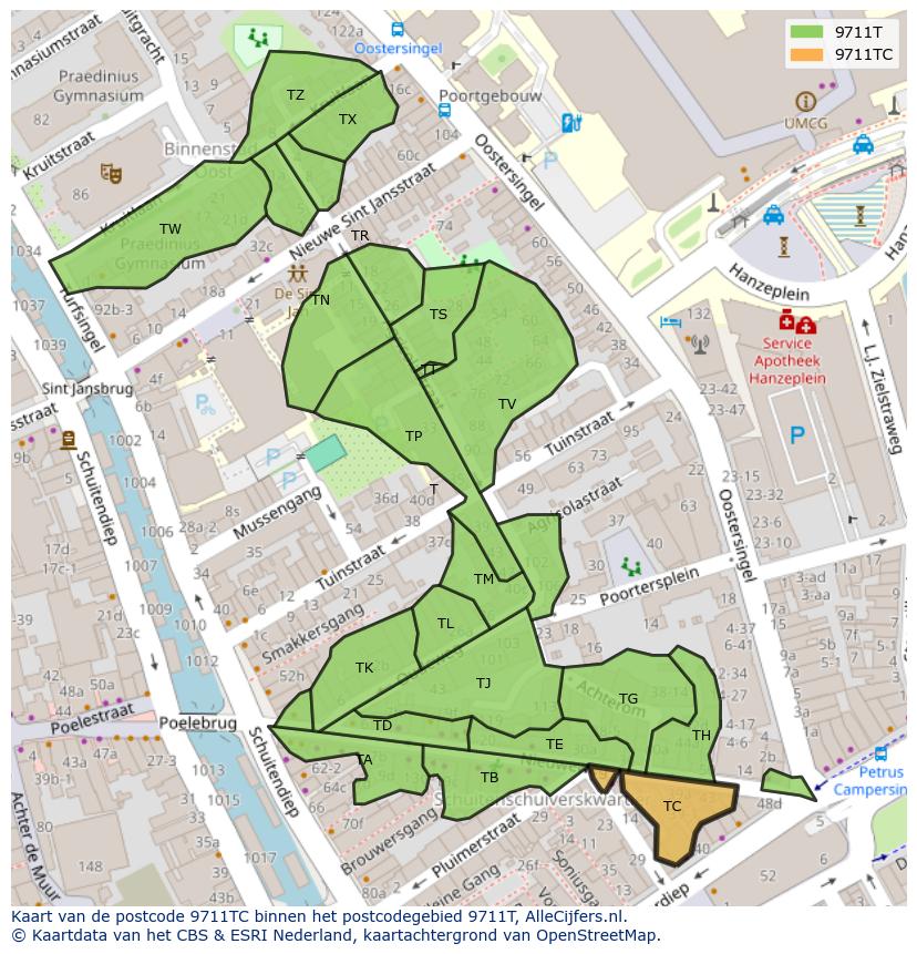 Afbeelding van het postcodegebied 9711 TC op de kaart.
