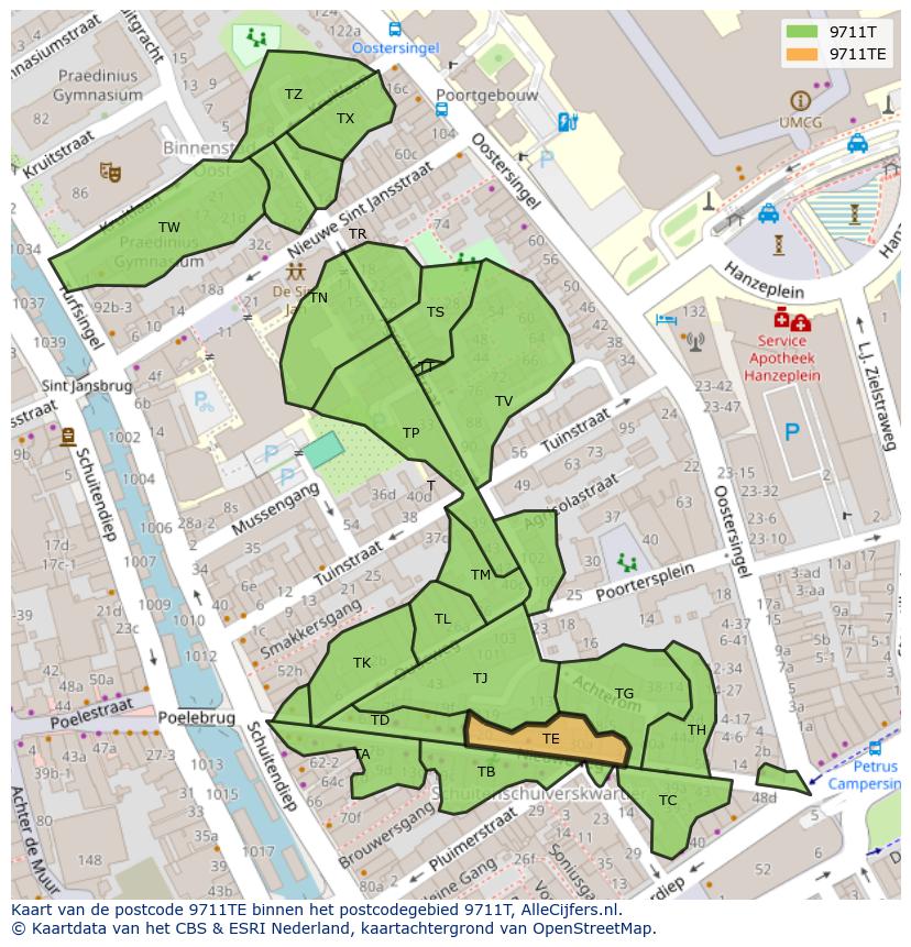 Afbeelding van het postcodegebied 9711 TE op de kaart.