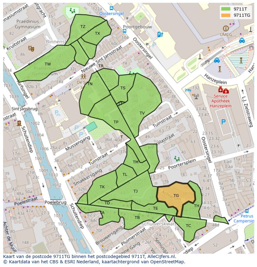 Afbeelding van het postcodegebied 9711 TG op de kaart.