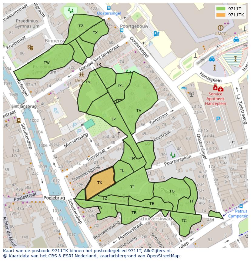 Afbeelding van het postcodegebied 9711 TK op de kaart.