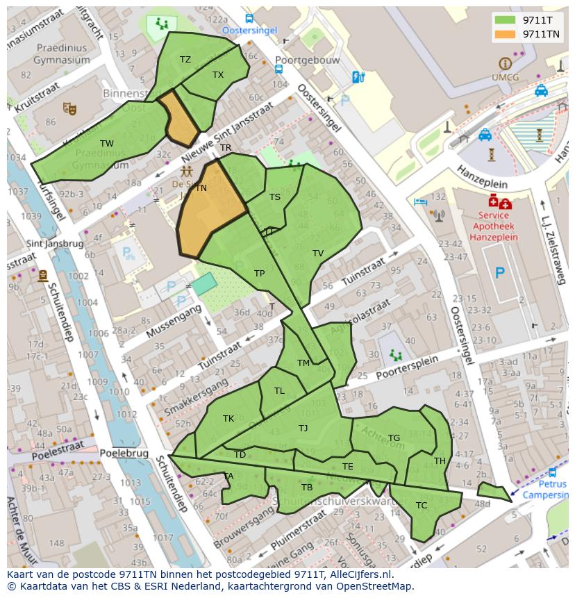 Afbeelding van het postcodegebied 9711 TN op de kaart.
