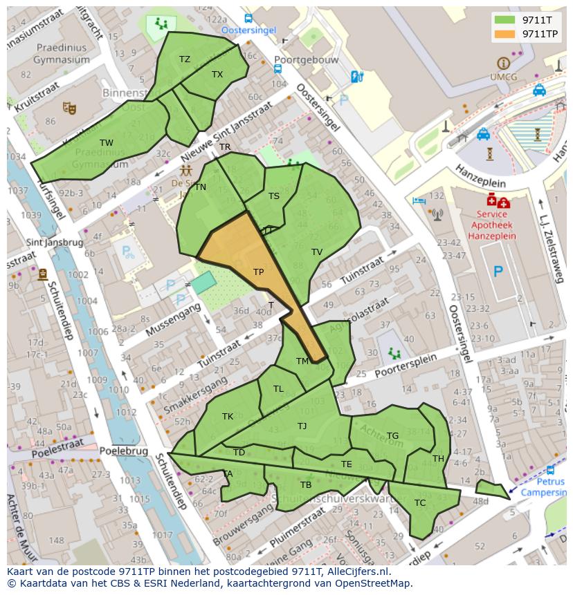 Afbeelding van het postcodegebied 9711 TP op de kaart.
