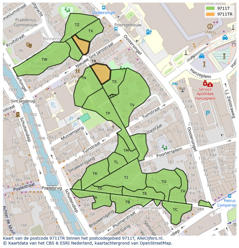 Afbeelding van het postcodegebied 9711 TR op de kaart.