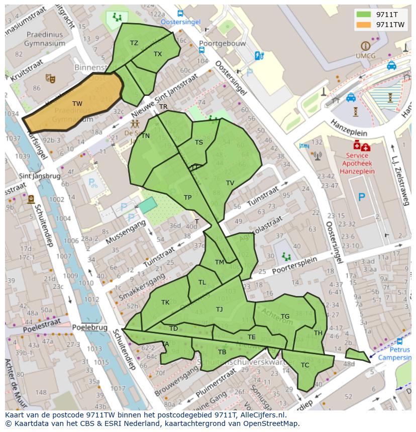 Afbeelding van het postcodegebied 9711 TW op de kaart.