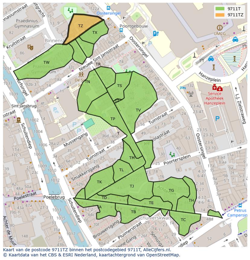 Afbeelding van het postcodegebied 9711 TZ op de kaart.