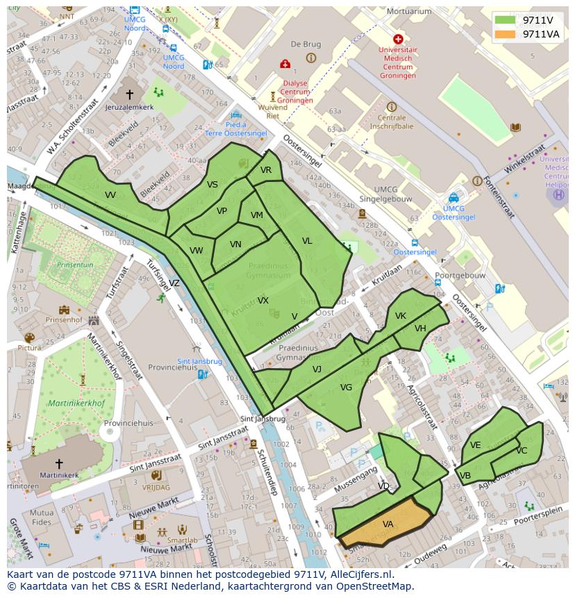 Afbeelding van het postcodegebied 9711 VA op de kaart.