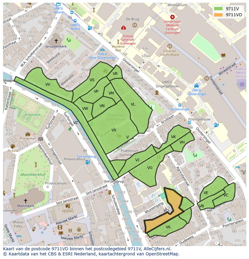 Afbeelding van het postcodegebied 9711 VD op de kaart.