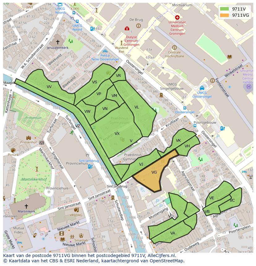 Afbeelding van het postcodegebied 9711 VG op de kaart.