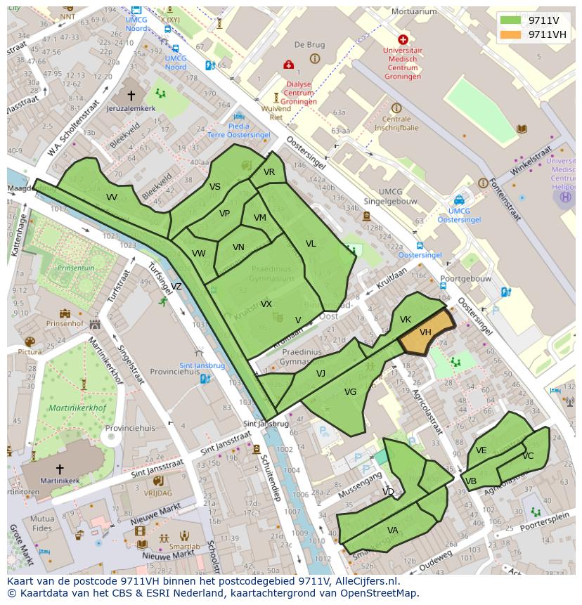 Afbeelding van het postcodegebied 9711 VH op de kaart.