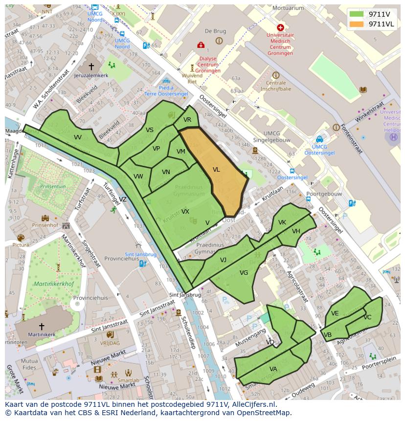 Afbeelding van het postcodegebied 9711 VL op de kaart.